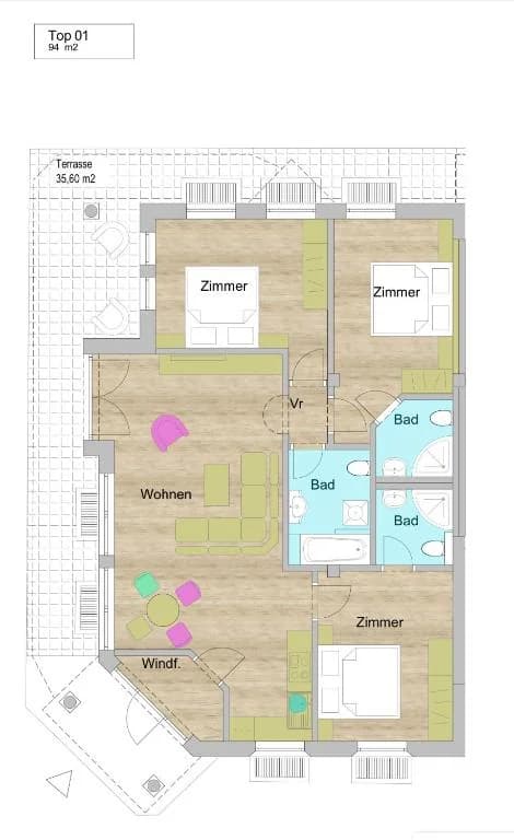 Grundriss Appartement mit Terrasse, 94 m², 3 Schlafzimmer und 3 Bäder mit Terrasse.