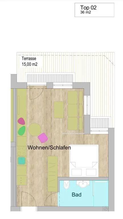 Grundriss Studio mit Garten, 36 m² mit kombiniertem Wohn- und Schlafbereich.