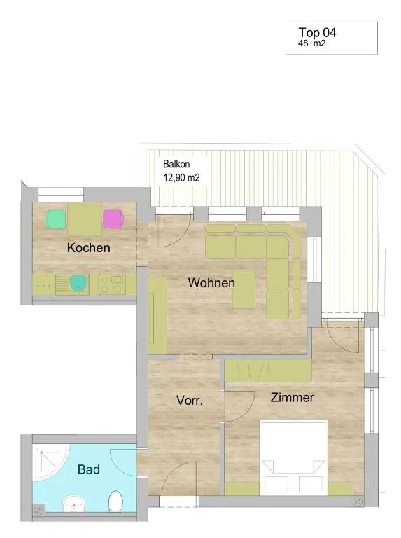Grundriss Appartement mit Balkon, 48 m², 1 Schlafzimmer mit Schlafsofa und Balkon.
