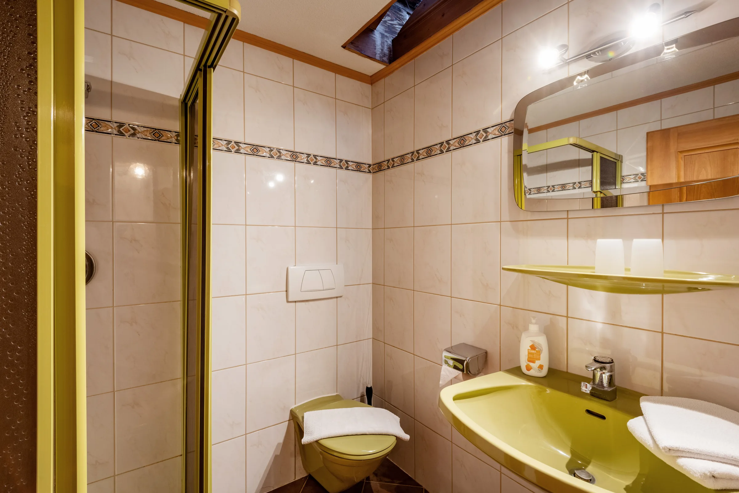 Badezimmer mit Glas-Duschkabine, WC und Waschtisch mit dekorativer Fliesen-Bordüre, Appartement Kitzbüheler Horn am Bauernhof Oberlacken.