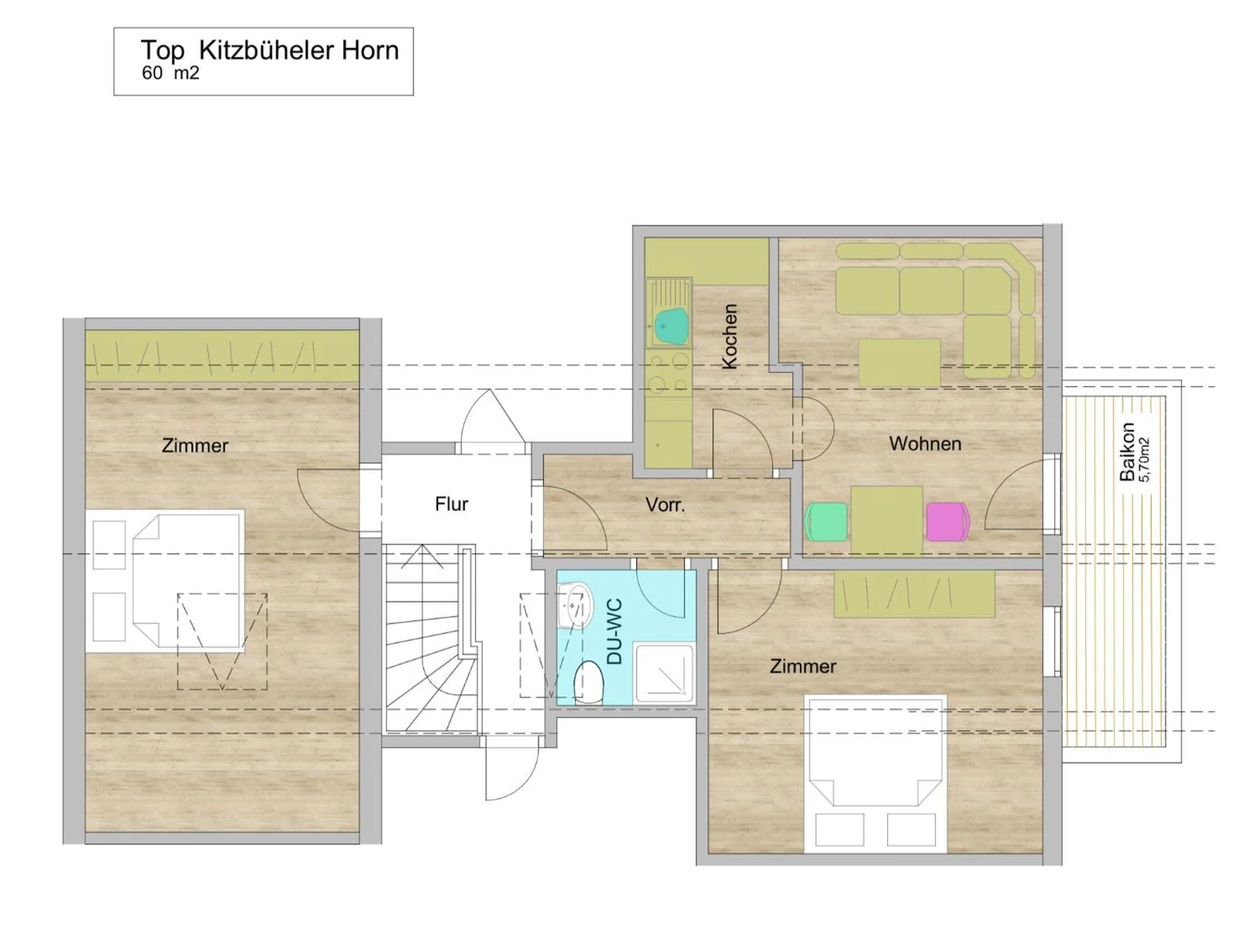Grundriss Appartement Kitzbüheler Horn, 60 m² mit 2 Schlafzimmern, Wohnbereich, Küche, Bad und 5,7 m² Balkon.