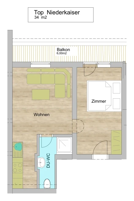 Grundriss Appartement Niederkaiser, 34 m² mit Schlafzimmer, Wohnbereich, Küche, Dusche/WC und 6 m² Balkon.