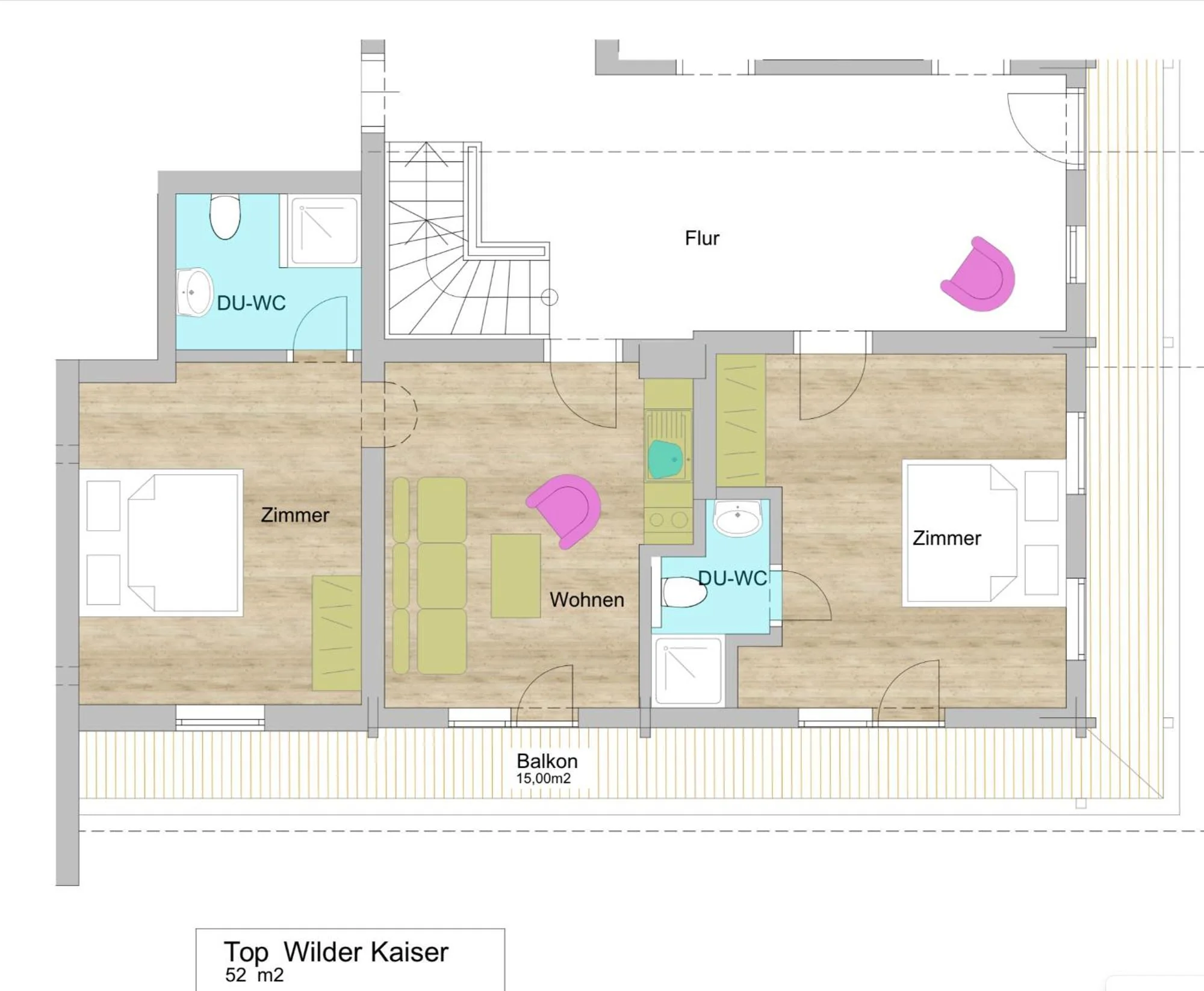 Grundriss Appartement Wilder Kaiser, 52 m² mit 2 Schlafzimmern, Wohnbereich, 2 Bädern und 15 m² Balkon.