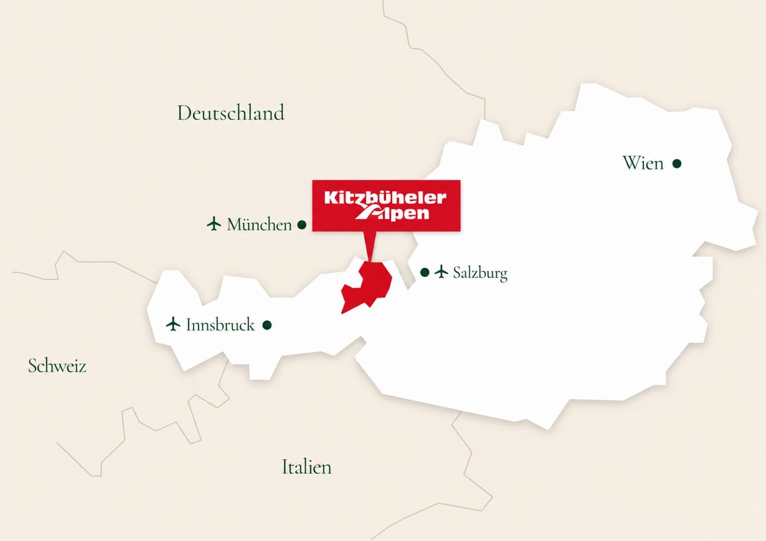 Karte von Österreich mit den Nachbarländern Deutschland, Schweiz und Italien. Die Region rund um St. Johann in Tirol in den Kitzbüheler Alpen ist markiert; die Flughäfen München, Innsbruck und Salzburg sowie Wien sind eingezeichnet.